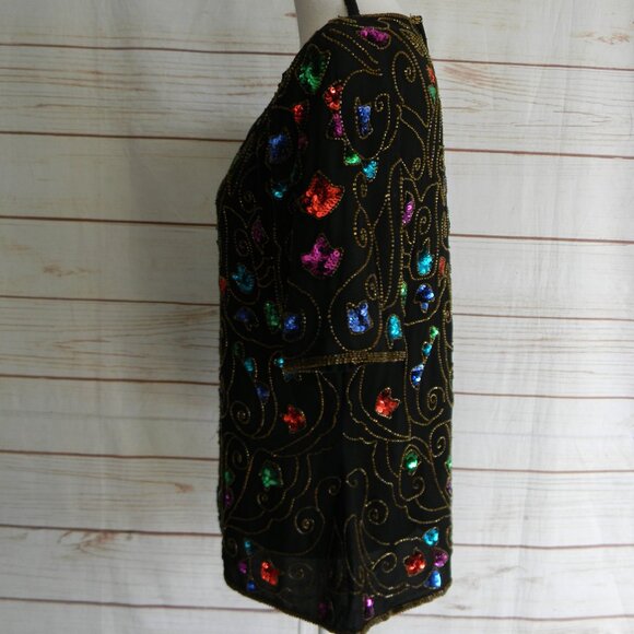 STENAY VINTAGE WM'S BLACK BEADED/SEQUIN SILK SHORT SLV BLOUSE TOP SZ XL - Picture 3 of 7
